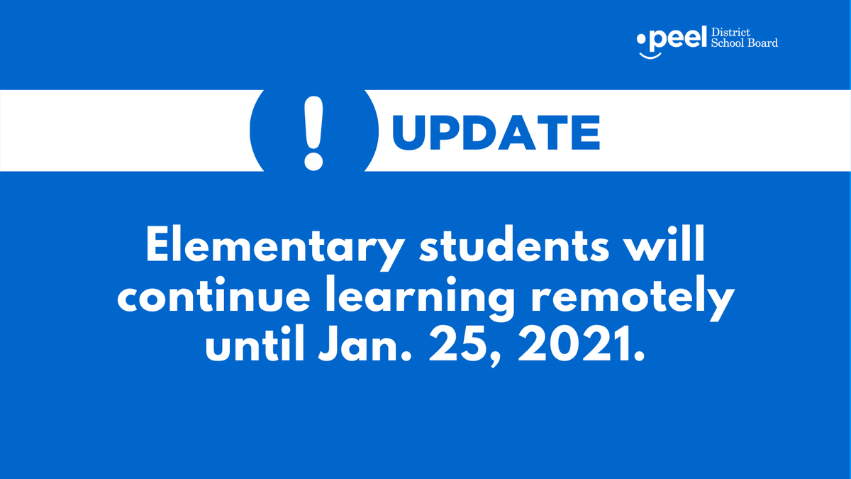 As announced earlier today by the Government of Ontario:

☑️Elementary students will NOT return to in-person learning on Jan. 11. 
☑️Elementary and secondary students will continue to learn remotely until Jan. 25. 

MORE: peelschools.org/media/newsrele…
