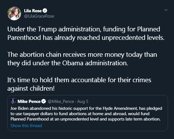 Vigano: "He has defended the life of the unborn, cutting funding from the abortion multinational, Planned Parenthood."Fact: unprecedented funding to Planned Parenthood