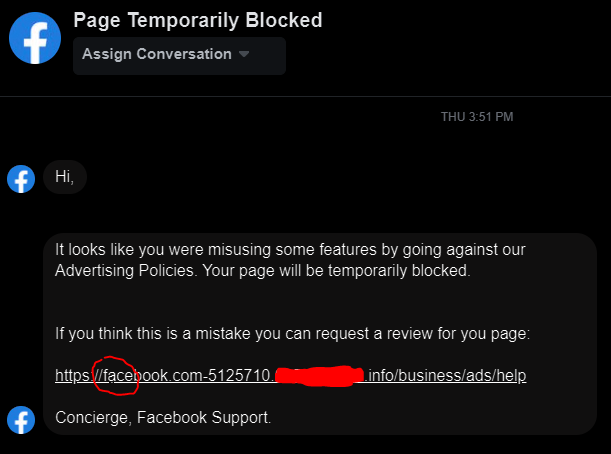 joellatto's tweet photo. New Facebook phishing targeting page owners. Note "ạ" instead of "a" in the URL.

Of course Facebook would never inform about page blocks via standard messages, but I guess this could fool those who use Messenger mobile app.

#phishing #scriptspoofing #homographattack https://t.co/YkAzss18dG