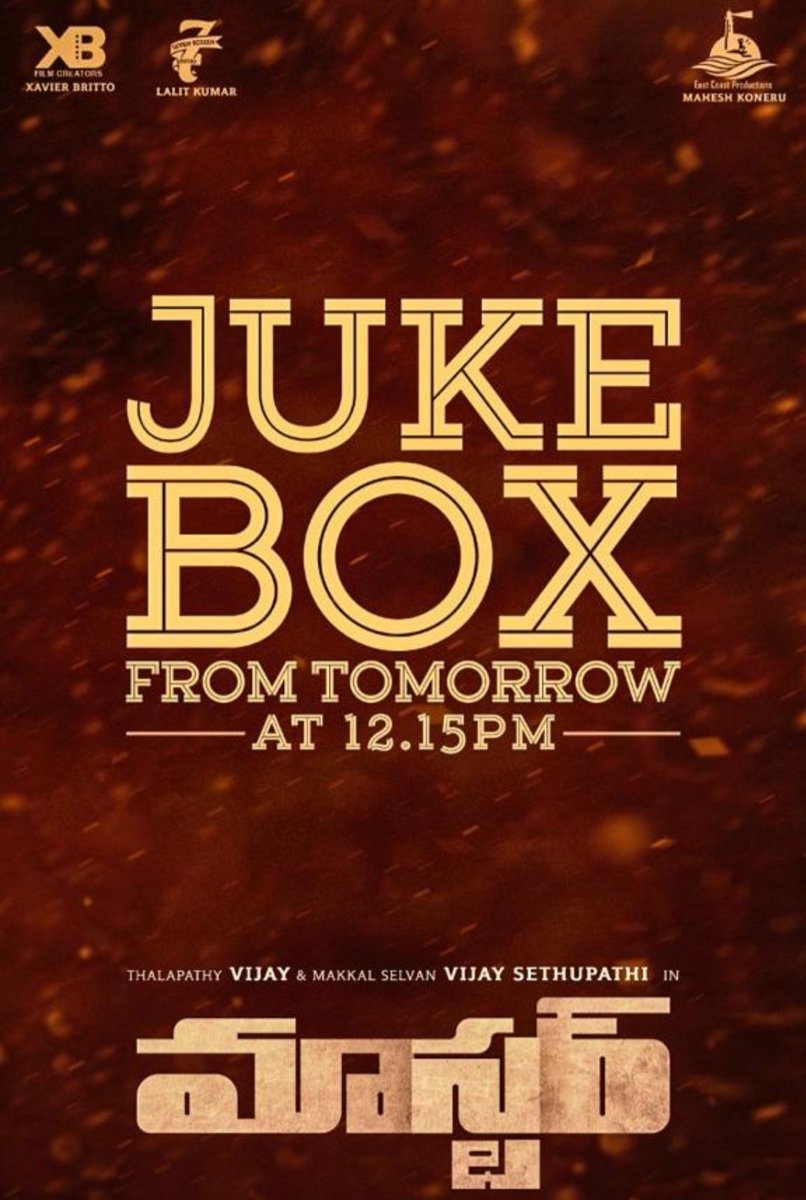 TFIMovieUpdates's tweet photo. #MasterJukebox From Tomorrow At 12:15 Pm
@actorvijay
@VijaySethuOffl
@MalavikaM_
@andrea_jeremiah
@Dir_Lokesh
@anirudhofficial
@Jagadishbliss
@Lalit_SevenScr
@XBFilmCreators
@EastCoastPrdns
@SunTV
@SonyMusicSouth
@imKBRshanthnu
@ActorSriman
@iam_arjundas https://t.co/dmFpOtoRtQ