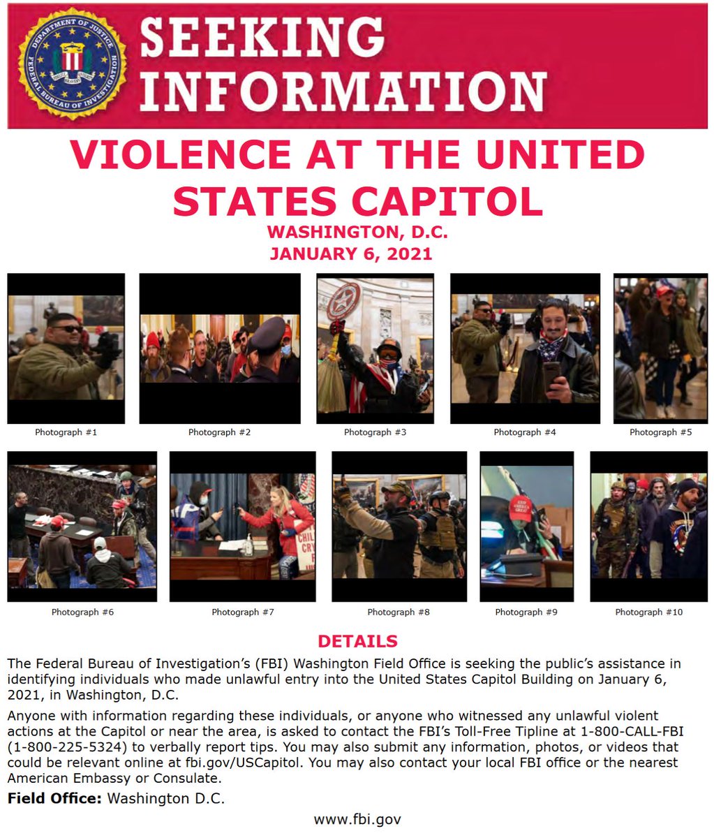 #FBIWFO is seeking the public's assistance in identifying those who made unlawful entry into U.S. Capitol Building on Jan. 6. If you witnessed unlawful violent actions contact the #FBI at 1-800-CALL-FBI or submit photos/videos at fbi.gov/USCapitol. fbi.gov/wanted/seeking…