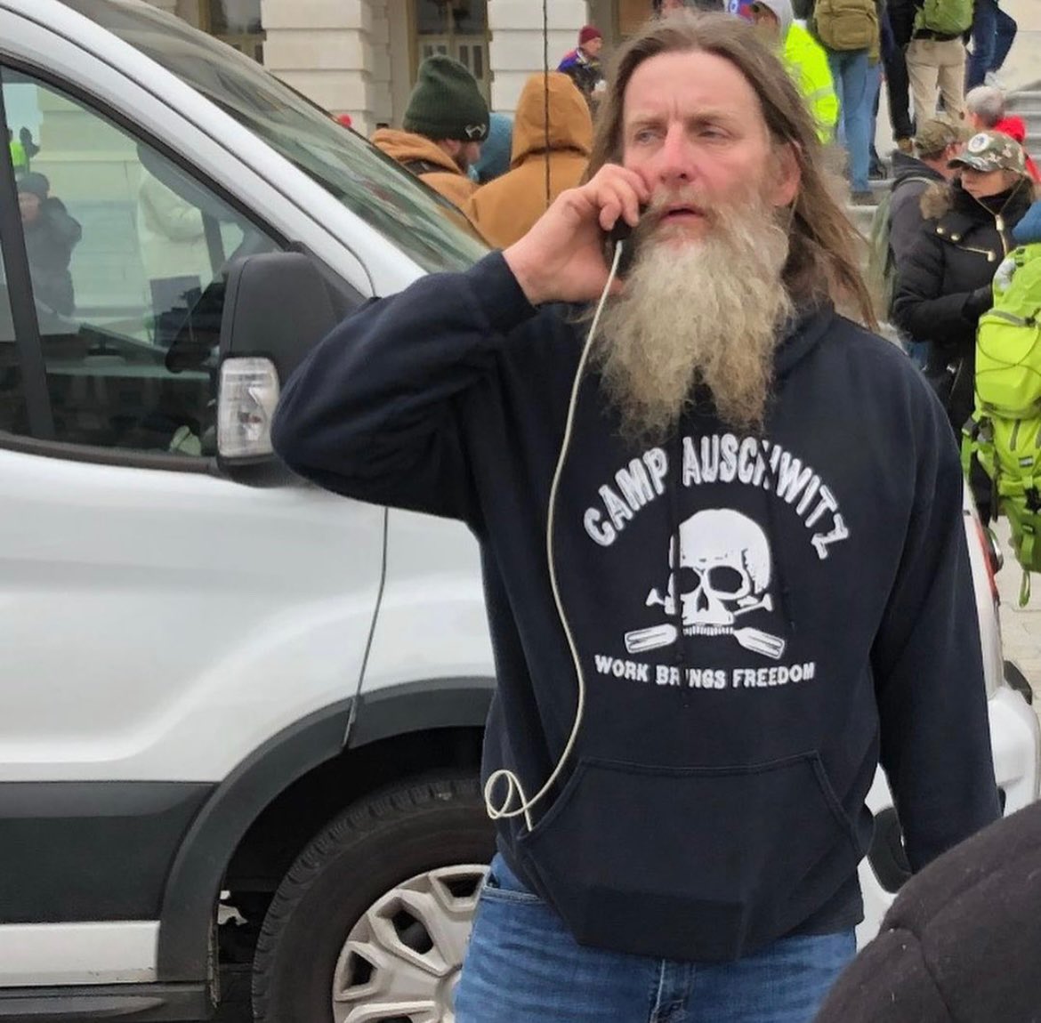 I’m writing this not just because “Nazi” and “Holocaust” are trending, but because of this photo that came up of someone who was part of yesterday’s attempted coup.Because of this shit bag wearing a “camp Auschwitz” sweatshirt.