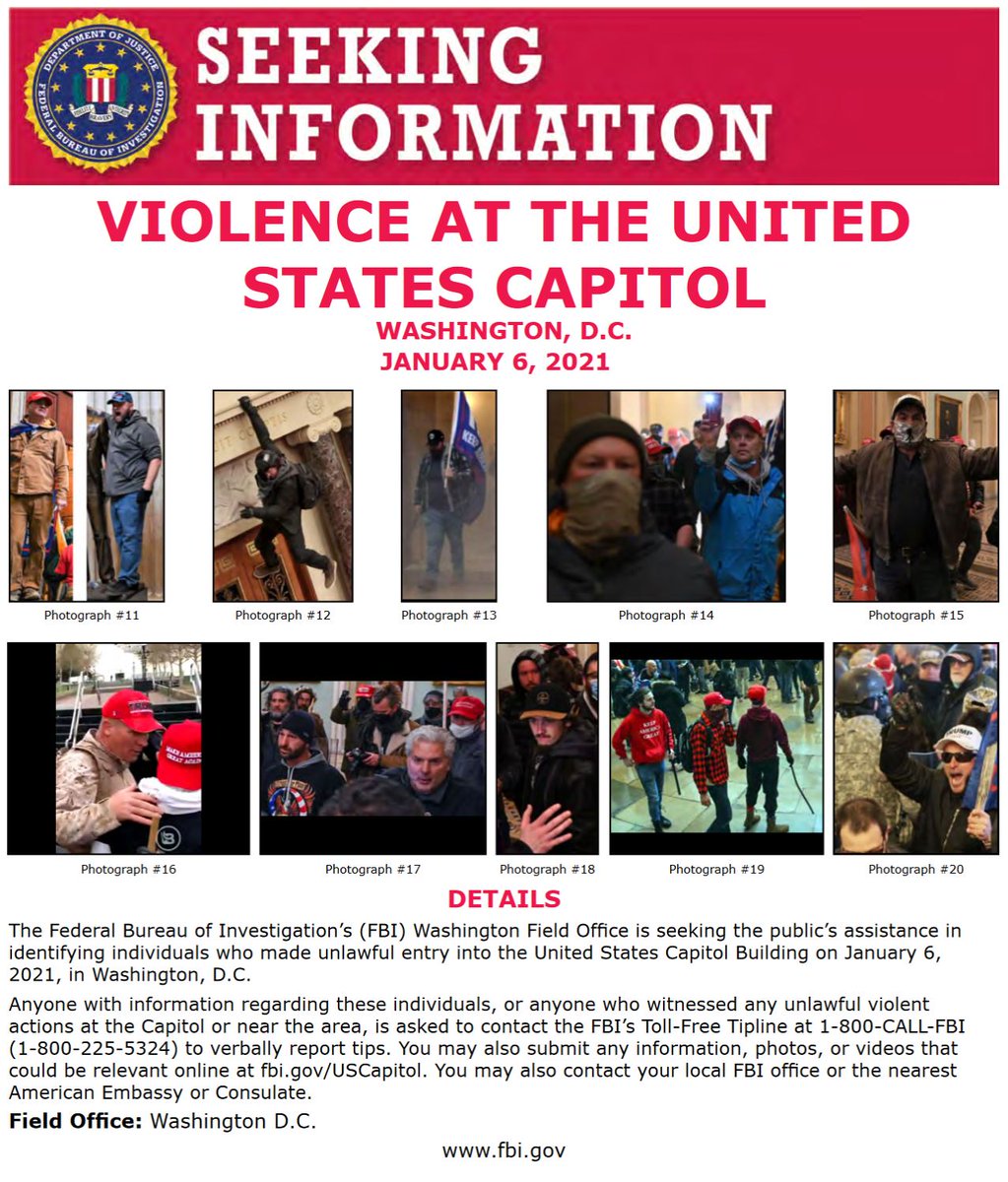 #FBIWFO is seeking the public's assistance in identifying those who made unlawful entry into U.S. Capitol Building on Jan. 6. If you witnessed unlawful violent actions contact the #FBI at 1-800-CALL-FBI or submit photos/videos at fbi.gov/USCapitol. fbi.gov/wanted/seeking…