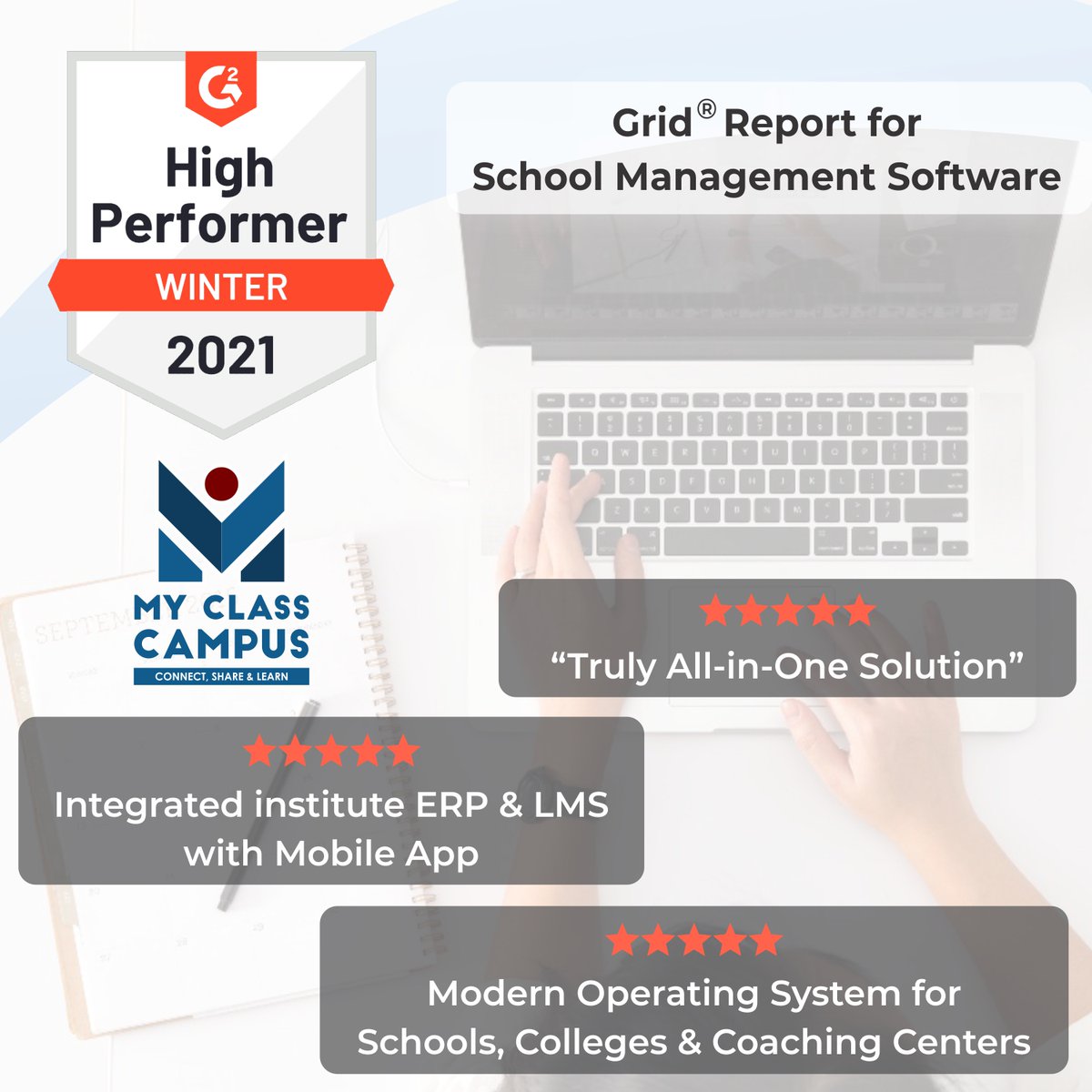 The @G2dotcom  Winter 2021 Reports have been released! 

#MyClassCampus has been recognized in Grid Reports for #School_Management_Software due to strong #customersatisfaction and #marketpresence.

A big Thank you to our customers who shared their positive experience with us.