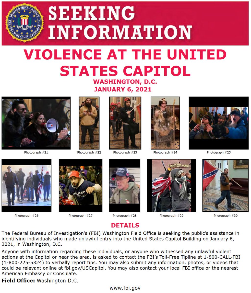 #FBIWFO is seeking the public's assistance in identifying those who made unlawful entry into U.S. Capitol Building on Jan. 6. If you witnessed unlawful violent actions contact the #FBI at 1-800-CALL-FBI or submit photos/videos at fbi.gov/USCapitol. fbi.gov/wanted/seeking…