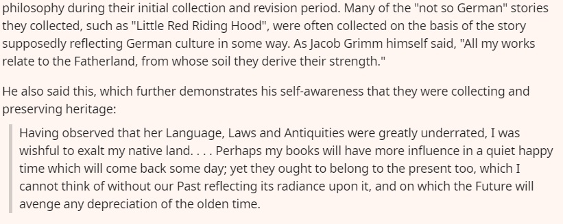 And of course, the Brothers Grimm were uh...*super* explicitly and keenly aware of nationalist sentiment; in fact, it's one of the principal reasons they collected and published tales in the first place. (7/)