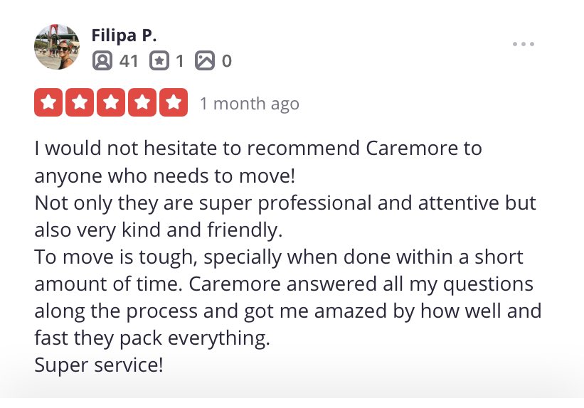 CaremoreMoving's tweet photo. Thank you so much to Filipa for the great review. As a small business it really means a lot to us when people take the time out of their busy day to say such nice things 😊 #SanFrancisco #bayareamovers #caremoremoving #sf #bestmoversinthebay https://t.co/HMxSoF5XFc