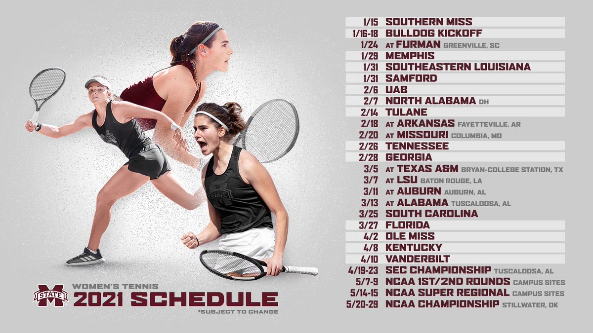 HailStateWT's tweet photo. Mark your calendars! Our 2021 spring schedule is here!! 🎾

🔗 | https://t.co/EiaAGCuiid

#HailState🐶 https://t.co/JEN6QB2tdw