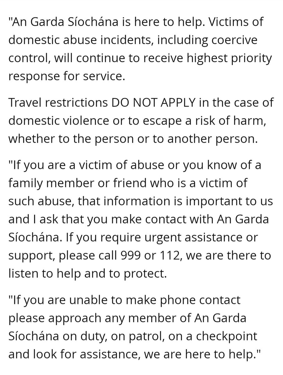 germanirish79's tweet photo. If you're a victim of domestic abuse the 5km travel restrictions don't apply to you if your trying to escape harm. See the attached photo for an Garda Siochan statement & advice printed in the Irish Mirror 7/01/21
#DomesticAbuse #womensaid #mensaid #Gardai https://t.co/bIkSggHq4m