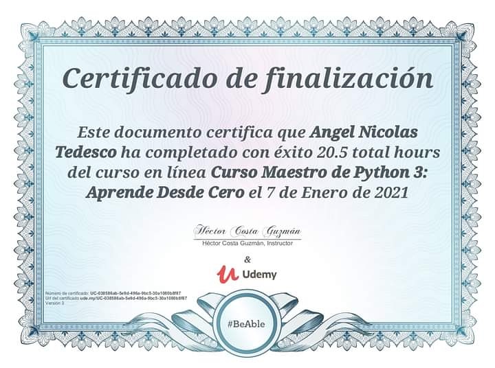 Angel_Tedesco's tweet photo. ¡Comenzando el año con una pequeña meta cumplida! #programacionpython #cursofinalizado #python🙌 https://t.co/sgiMr6SFI5