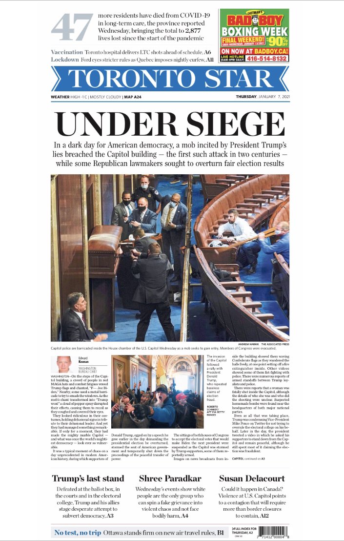 So, what did we do? Basically, as it happens, about what everyone else did. Headlines and images across North America ran in three basic camps. We had two of those, in an early edition & a later one. We tried to use words, like insurrection, that haven’t been used in these years+