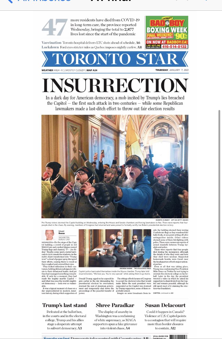 So, what did we do? Basically, as it happens, about what everyone else did. Headlines and images across North America ran in three basic camps. We had two of those, in an early edition & a later one. We tried to use words, like insurrection, that haven’t been used in these years+