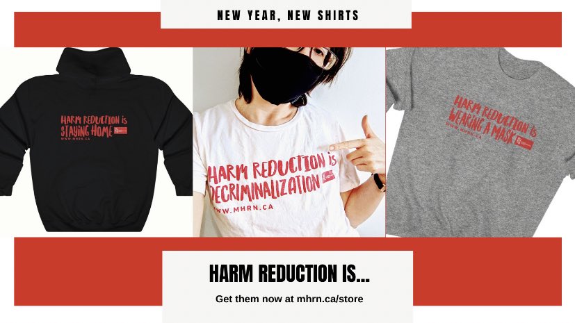 Introducing our new line of merch!

Harm reduction is so much more than just giving out new needles! Harm reduction is: 

No Judgement
Decriminalization
Wearing a Mask
Staying Home

Get your Harm Reduction Is shirt at mhrn.ca/store

More designs coming soon!