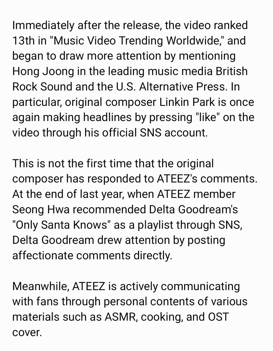 ATEEZrep's tweet photo. [📎] NEW ‼ #ATEEZ Hongjoong's 'Numb' Cover Liked by Original Artist Linkin Park

https://t.co/cqTHMOW0oC
Article list: https://t.co/g254UboNvM

#에이티즈
Use the 4th reaction, stay for 30s, recommend and share! https://t.co/z3Z4mZRUeS