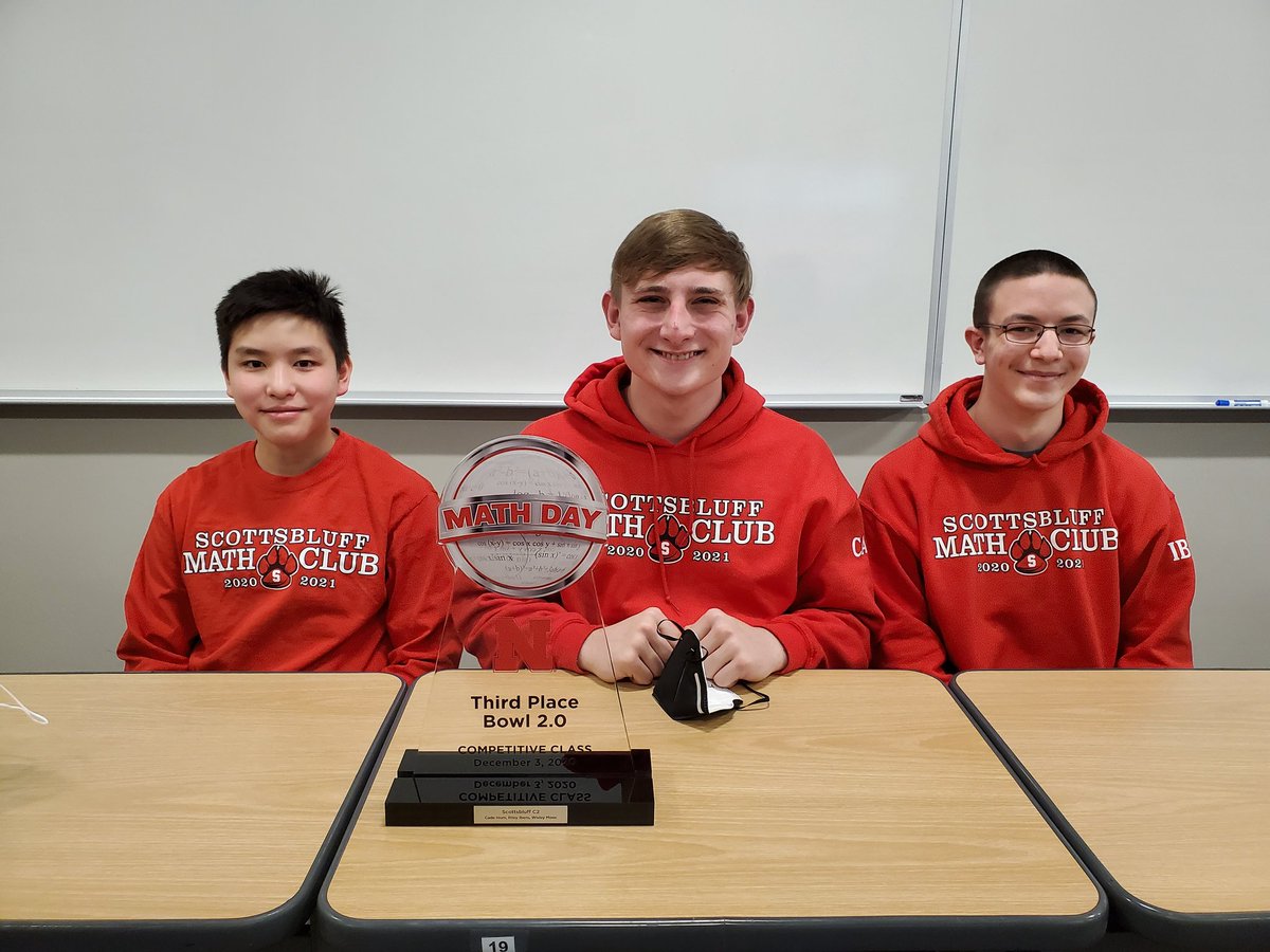 SBMathClub's tweet photo. 2020 UNL Math Day
All-Class Math Bowl 
3rd Place Team
Wisley Mooc, 9
Cade Horn, 11 
Riley Ibero, 10 

Great finish by our JV squad! The future is bright! 

@scbpubschools 
#gobearcatmath https://t.co/MFkUdtG3DR