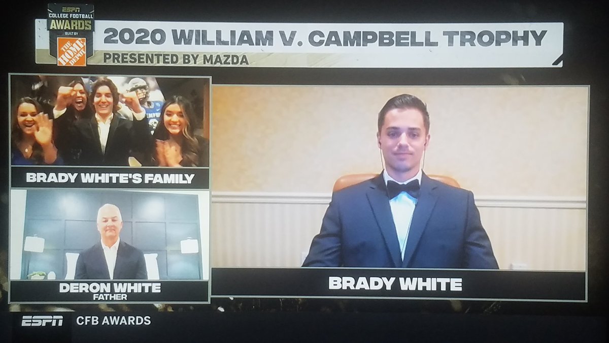2020 #CampbellTrophy Pres. by <a href="/MazdaUSA/">Mazda USA</a> recipient <a href="/BradyWhite223/">Brady White</a> (<a href="/MemphisFB/">Memphis Football</a>) honored during #CFBAwards on ESPN!

Congrats again Brady - we're proud to welcome you the fraternity! 

#FutureForFootball #ScholarAthlete