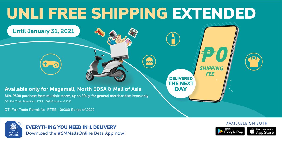 SMMallsOnline's tweet photo. Let's welcome 2021 with a treat for #SMShoppers as #SMMallsOnline extends FREE SHIPPING until January 31! Visit https://t.co/ufuPadt5yR to download and shop!
*Currently available in SM Megamall, North EDSA and Mall of Asia https://t.co/7aXSjGDng2