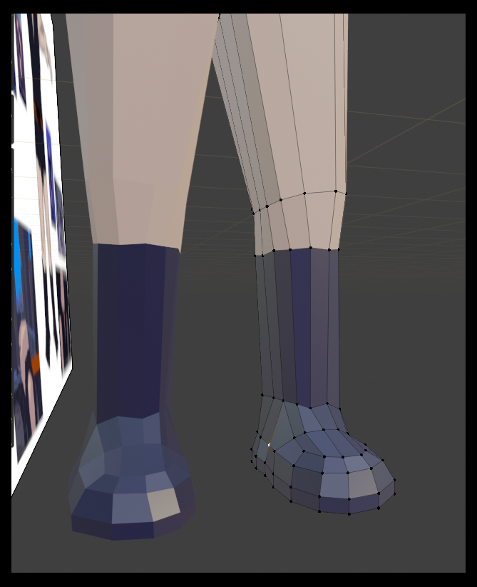 After working a little on the boots (I'm really looking forward to extruding the tops!) I realise, "yeah, I don't think that's how knees work"  So there's still more work to do on the legs. I need to keep them relatively chunky. Simply loop cut and scale!  #gamedev  #blender