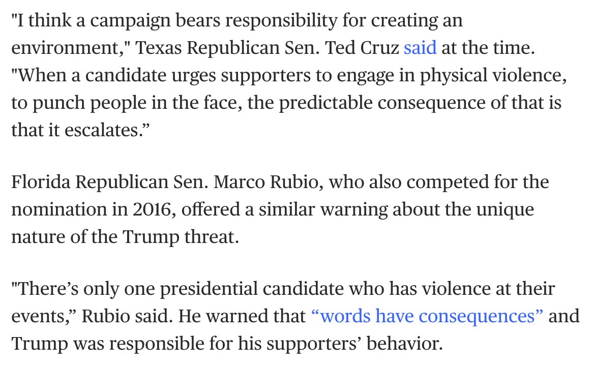 When Trump was egging on violence by supporters, who warned it was leading to a dark place? Ted Cruz and Marco Rubio.  https://www.nbcnews.com/politics/donald-trump/republicans-warned-day-would-come-then-they-forgot-n1253394
