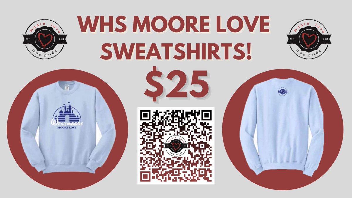 Going along with 2021 theme of Disney, Westmoore’s Moore Love is selling Disney Moore Love sweatshirts for $25. Purchase them through the link in the bio, QR code, or at massivegraphicsstore.com/collections/we…