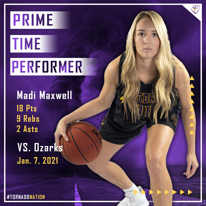 CTXAthletics's tweet photo. Our Prime Time Performer of tonight's game: Madi Maxwell!

She tied her career-high with 18 points, shooting 3-of-4 from downtown, and grabbed nine rebounds in a win over Ozarks!

#TornadoNation https://t.co/SQqaTuEao3