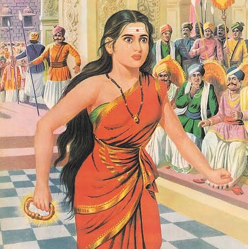 Kovalan was caught and beheaded without any trial. Furious Kannagi reached the court and broke open the anklet to prove Kovalan’s innocence. She flung her anklet and cursed that the entire city would burn. The entire city caught fire and her curse became a reality @DubeyYash1911