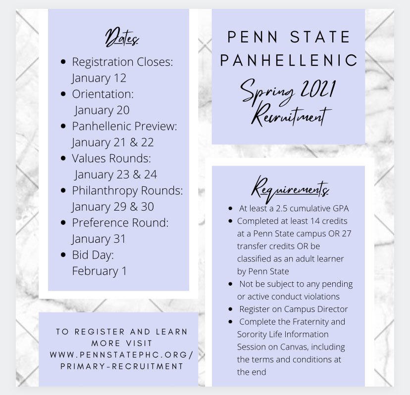 PennStatePHC's tweet photo. Spring 2021 formal recruitment is just around the corner! Here are some important dates and recruitments to keep in mind before registration closes on January 12 🤍 #goGreek https://t.co/sgbQf8SyUJ