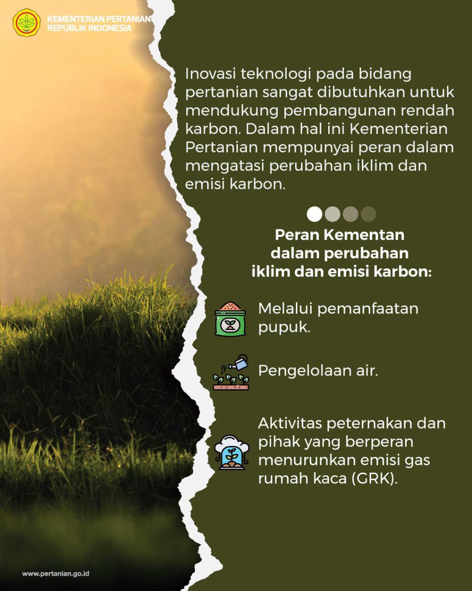 kementan's tweet photo. Hai SobaTani, perubahan iklim dan emisi karbon telah dirasakan pada setiap aspek kehidupan manusia, di antaranya sektor pertanian. Kementan pun konsisten melaksanakan strategi antisipasi dan teknologi adaptasi menghadapi perubahan iklim dan emisi karbon.

#PertanianIndonesiaMaju https://t.co/UUAj5XPyc0