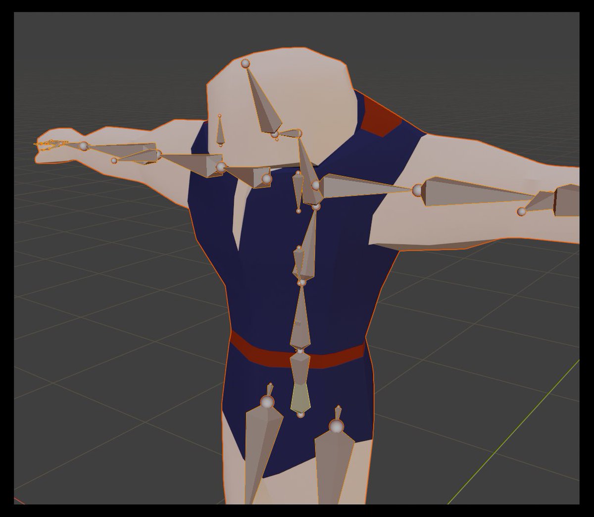 Okay, so after adding some clumpy hands, we're done with the basic model. Time to shove some bones into this handsome chap! I just know this bucket head/no-neck is going to cause me no end of problems... I'll just have to hope that Auto-Rig Pro can clean this up  #blender  #gamedev