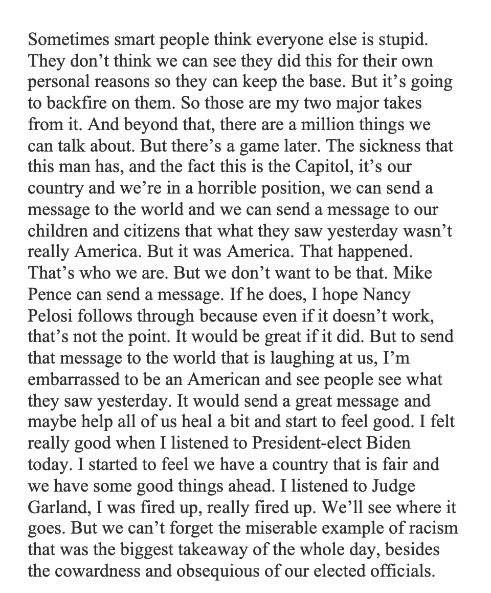 Following the pro-Trump riots at the Capitol yesterday, Spurs coach Gregg Popovich goes pop on Donald Trump, Mike Pence, Ted Cruz, Josh Hawley and why the 25th Amendment should be invoked