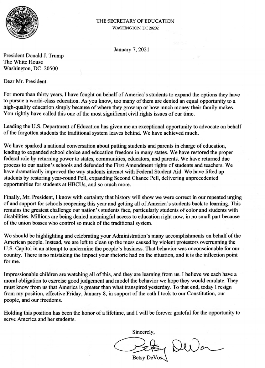 GaryGrumbach's tweet photo. Secretary of Education Betsy DeVos, in her resignation letter to Pres. Trump obtained by @PeterAlexander: "I believe we each have a moral obligation to exercise good judgement and model the behavior we hope they would emulate." https://t.co/uGb24JWmiQ