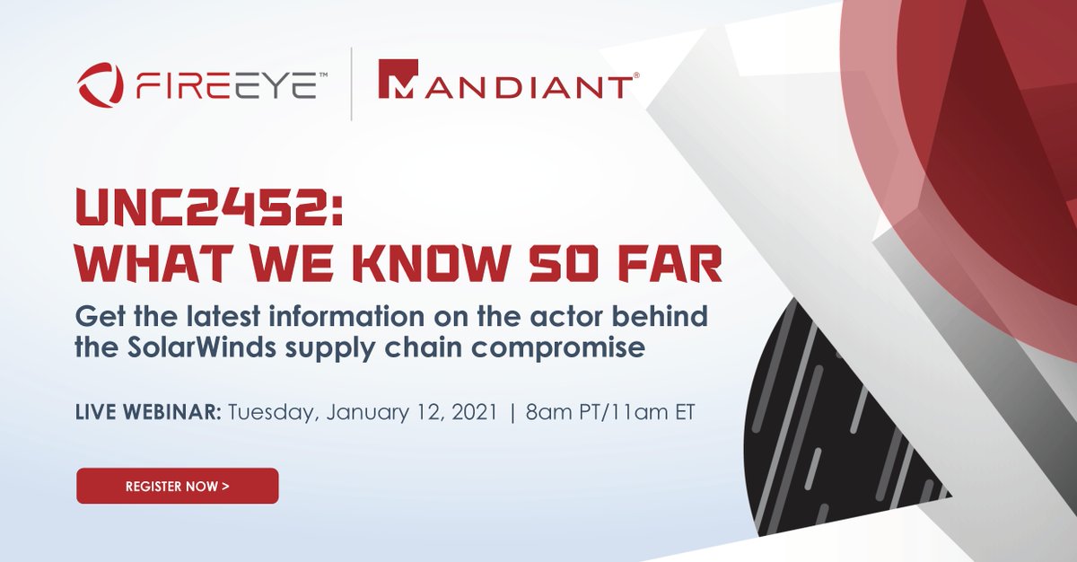 FireEyePartners's tweet photo. Interested in learning more about the threat actor behind the SolarWinds supply chain compromise? 

Join us next week to catch up on what we know so far about #UNC2452: https://t.co/3uKxWlozWJ https://t.co/WHo27a1oPY