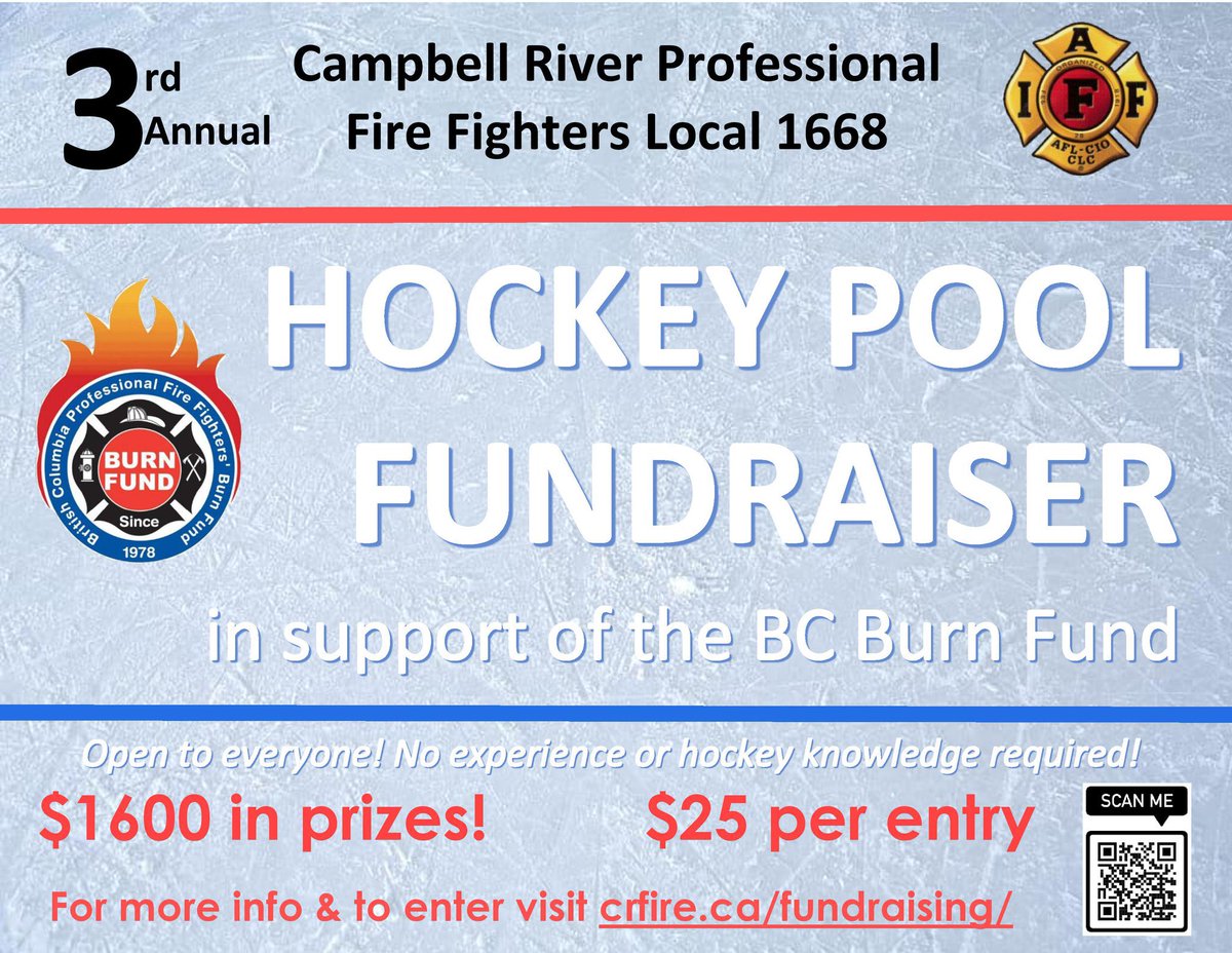 Calling all #hockey lovers - only 6 days left to join <a href="/IAFF1668/">Campbell River L1668</a>’s 3rd annual hockey pool fundraiser.

Over 20 awesome prizes to be won, all donated by local businesses! No knowledge of hockey required - we even have a last place prize 😉

crfire.com/fundraising