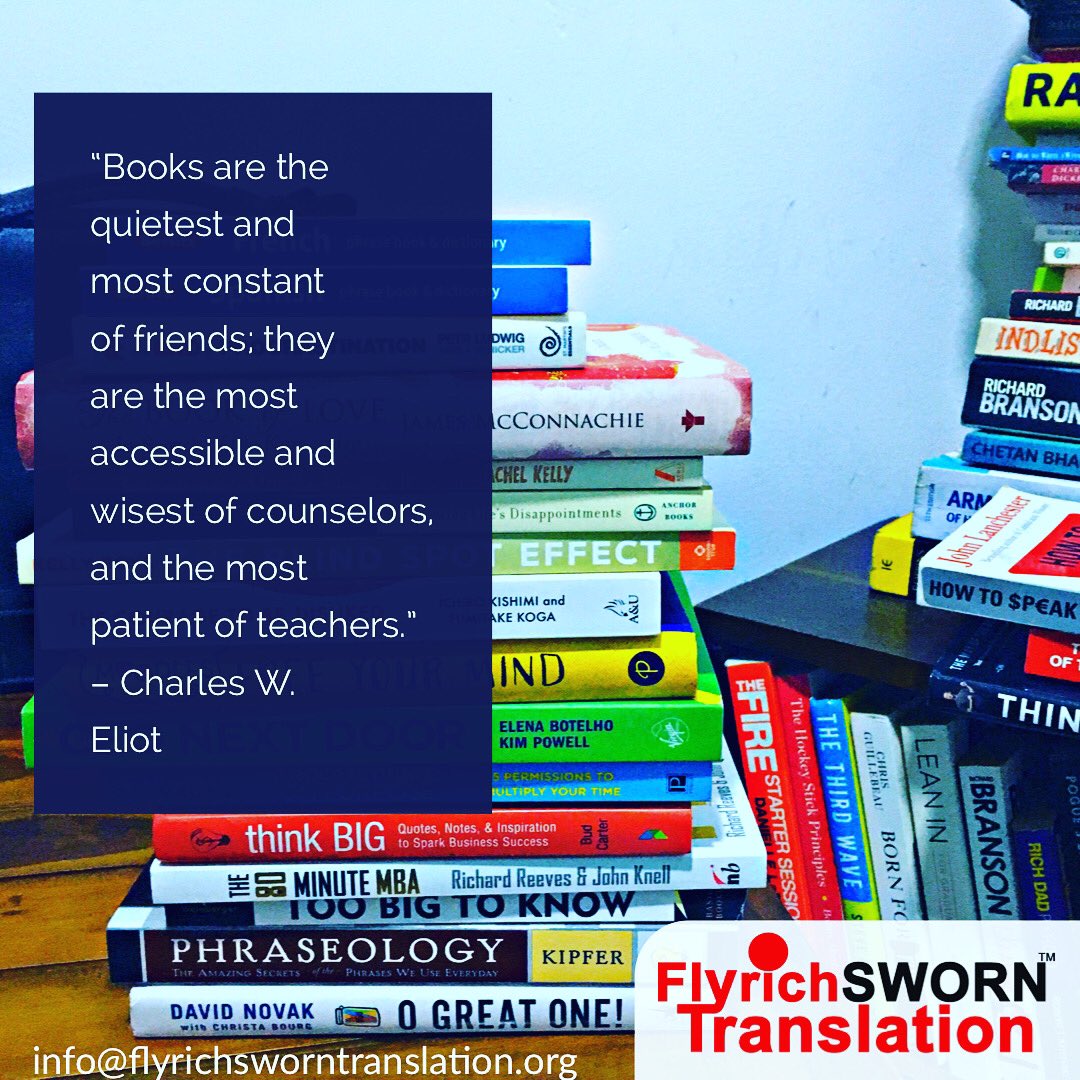 FlyrichTamil's tweet photo. “Books are the quietest and most constant of friends; they are the most accessible and wisest of counselors, and the most patient of teachers.” – Charles W. Eliot

info@flyrichsworntranslation.org

#bookshelf #bookstagram #books #booksread #quotes #motivation #flyrich https://t.co/IiLII6fI8M