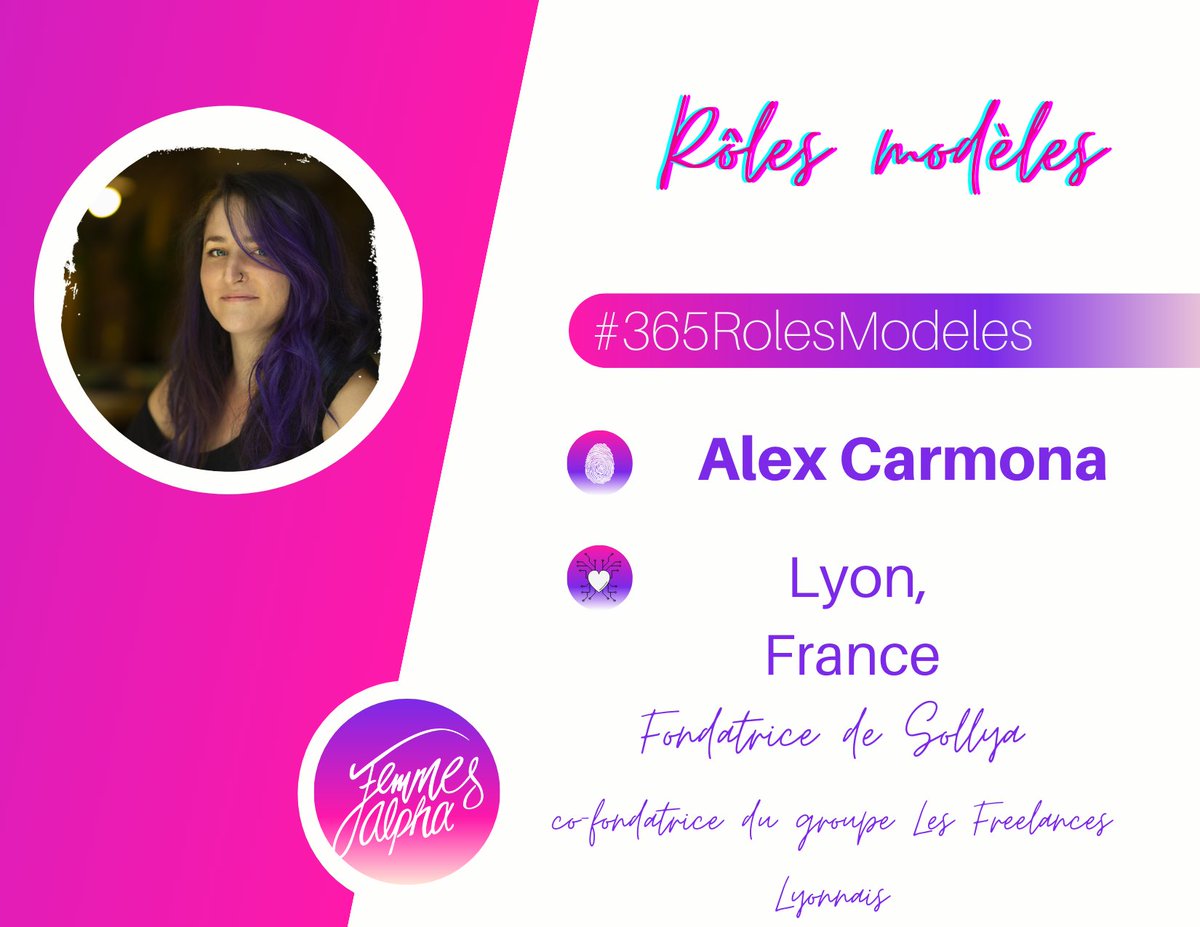 FemmesAlpha's tweet photo. 365 jours, 365 profils de rôles modèles - Jour 7
Alex Carmona Fondatrice de Sollya - Agence de Communication Éthique
co-fondatrice du groupe Les Freelances Lyonnais
Lyon, France 
#365RolesModeles #francophonie #womenempowerment #womenintech #femmesalpha https://t.co/BxuHDlJwpA