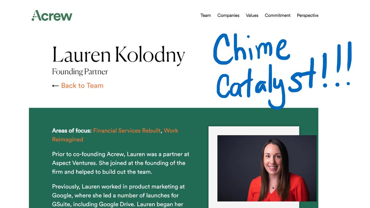 2/  @Chime eventually raises money from  @homebrew and  @CrosslinkCapIt's not smooth sailing. They need a "bridge" round, but VCs think it's toxicEnter rockstar  @LaurenKolodny of  @AcrewCapital. She leads the $9mm Series A extension. And it's OFF TO THE RACES.