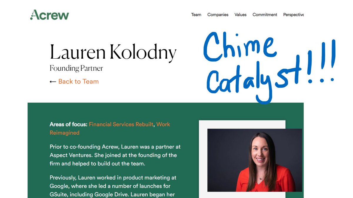 2/  @Chime eventually raises money from  @homebrew and  @CrosslinkCapIt's not smooth sailing. They need a "bridge" round, but VCs think it's toxicEnter rockstar  @LaurenKolodny of  @AcrewCapital. She leads the $9mm Series A extension. And it's OFF TO THE RACES.
