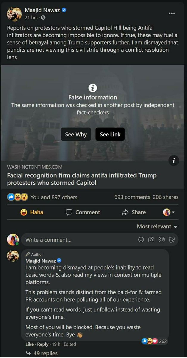 Facebook have put a "false information" warning on  @MaajidNawaz post about Antifa infiltrators, linking to a fact-check.
