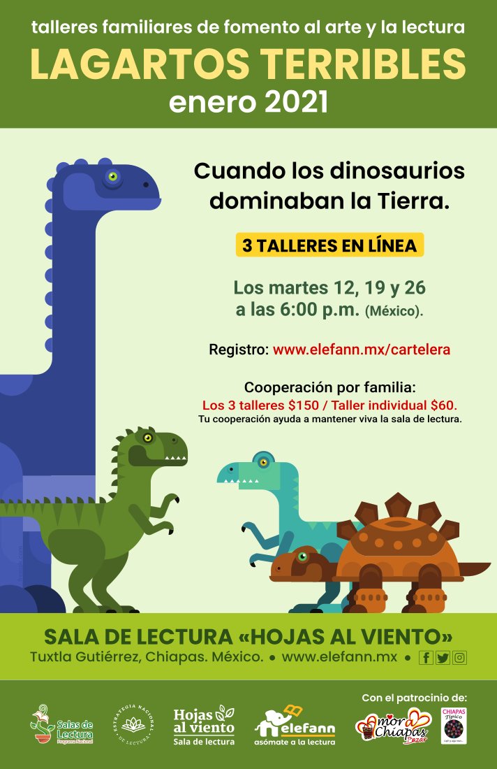 elefann_mx's tweet photo. ¡Regresan los talleres virtuales de ELEFANN a la sala de lectura «Hojas al viento»! *LAGARTOS TERRIBLES* 🦖🦕🐊

Talleres familiares de fomento al arte y la lectura. Enero 2021.

Más información y registro en:
https://t.co/4HPZCgTA3E https://t.co/F2NlNOV3Ga