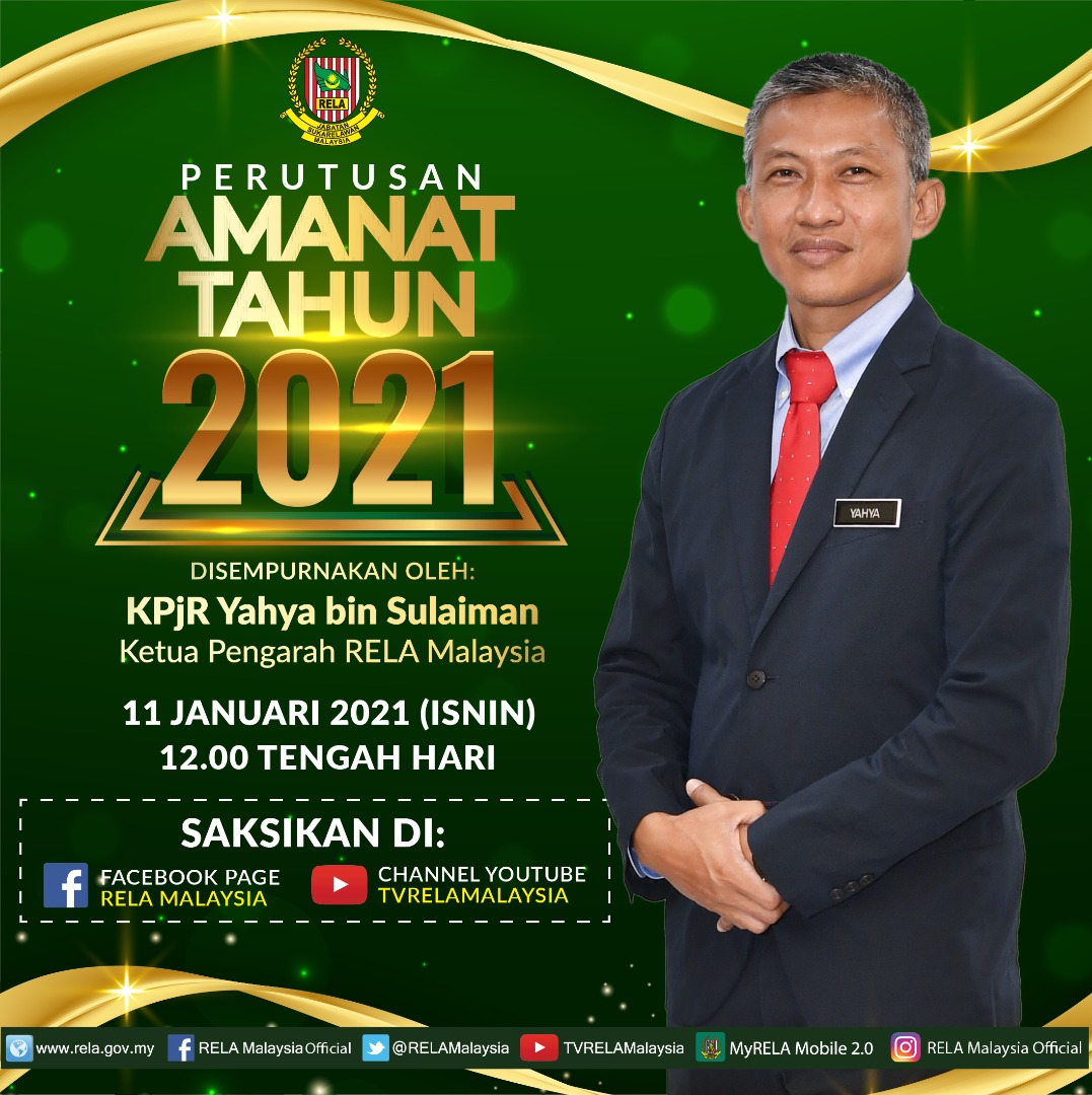 Ikuti Perutusan Amanat Tahun 2021 Ketua Pengarah RELA Malaysia secara maya.
Pegawai dan kakitangan diminta untuk turut serta menyaksikan majlis tersebut.
<a href="/KDNPUTRAJAYA/">KDN🇲🇾</a>
<a href="/dhzhamzah/">Hamzah</a>
<a href="/yahyakgc/">Yahya Sulaiman</a>
<a href="/kamarudin_rapig/">Kamarudin Mohd Rapig</a>