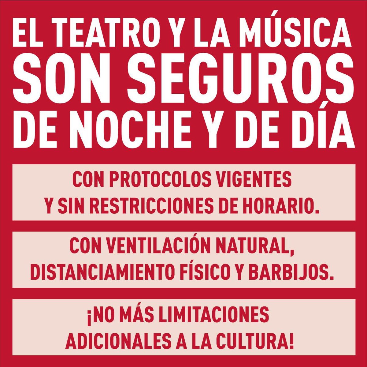 puaticketok's tweet photo. El #teatro y la #música son seguros de noche y de día.
📌 Con protocolos vigentes y sin restricciones de horario.

📌 Con ventilación natural, distanciamiento físico y barbijos.
📌 ¡No más limitaciones adicionales a la cultura! https://t.co/NMNsbpYVdt