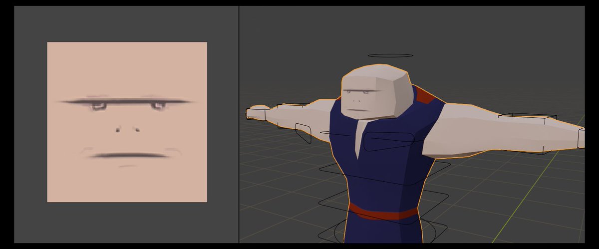 So I decided to sketch a face and just slap it on those flat polys. If it's good enough for  @BlendoGames it's good enough for me!  When it comes to shading, I've got some engine-side plans. I feel like I'll use some kinda toon shading in  #UE4.  #gamedev  #blender