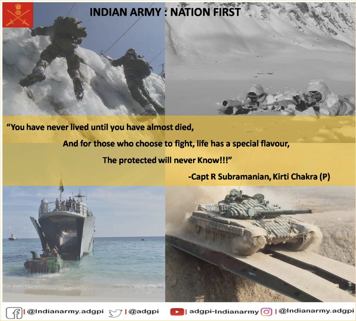 ‘Minus 55 to Plus 55 degree Celsius'

#IndianArmy is always operationally committed &amp; ready, in service of the Nation. We are there every moment to face &amp; overcome any #challenge in any kind of terrain &amp; weather. 

#ArmyDay
#StrongAndCapable