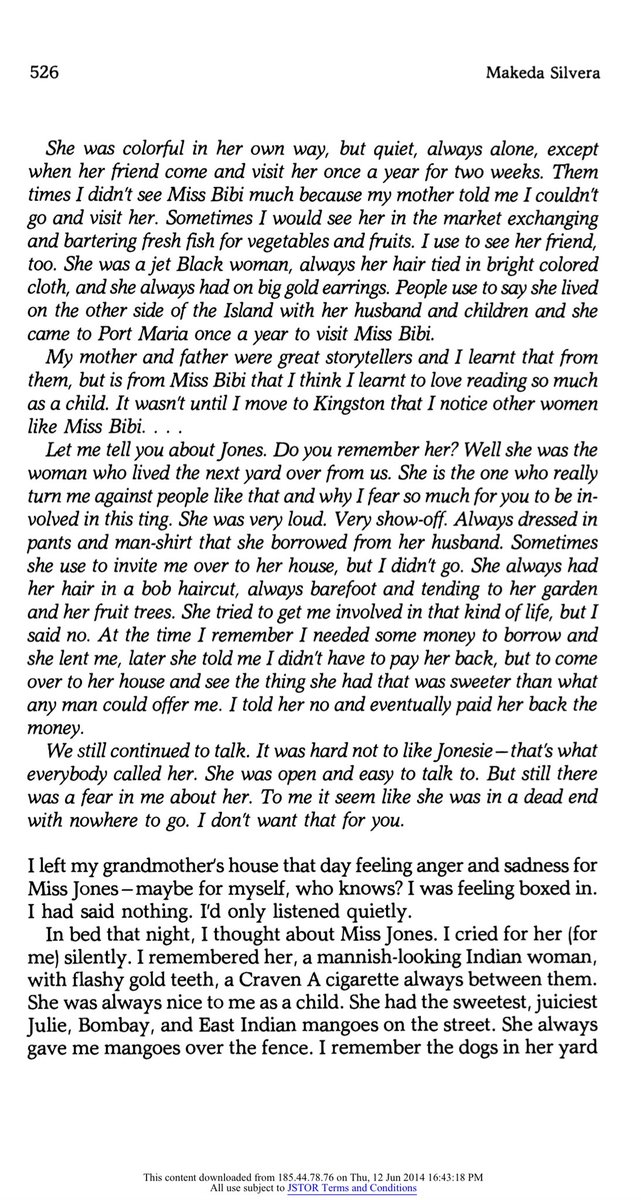 Makeda Silvera’s grandmother and mother recall the presence of Jamaican lesbian women in their community in the 1920s and 1950s, respectively. From “Man Royals and Sodomites: Some Thoughts on the Invisibility of Afro-Caribbean Lesbians.”