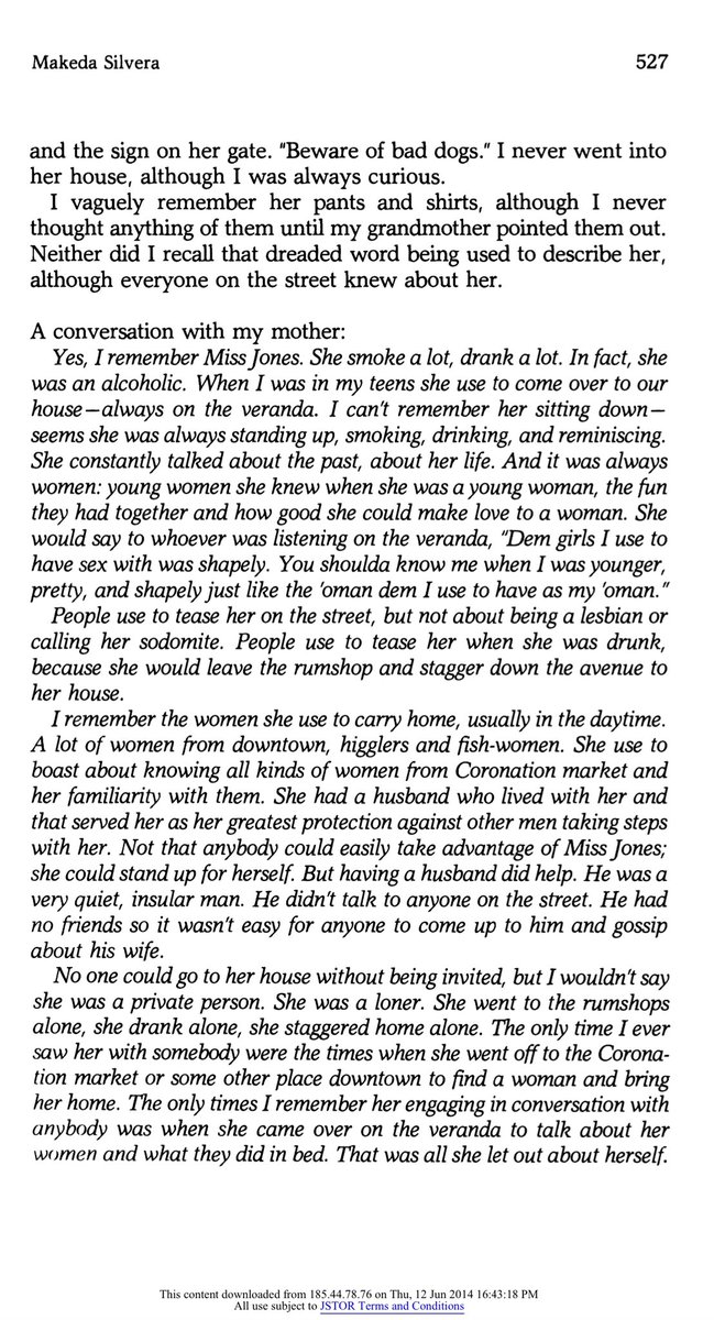 Makeda Silvera’s grandmother and mother recall the presence of Jamaican lesbian women in their community in the 1920s and 1950s, respectively. From “Man Royals and Sodomites: Some Thoughts on the Invisibility of Afro-Caribbean Lesbians.”