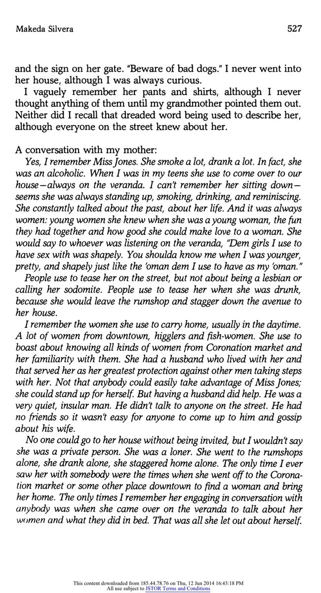 Makeda Silvera’s grandmother and mother recall the presence of Jamaican lesbian women in their community in the 1920s and 1950s, respectively. From “Man Royals and Sodomites: Some Thoughts on the Invisibility of Afro-Caribbean Lesbians.”