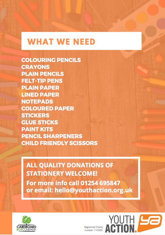 youthactionuk's tweet photo. Many families are struggling with basic necessities for #homeschooling as part of our #CreativeBox project if you can donate new stationary plz get in touch! #lockdown2021 

@SelnetLtd @BWDDPH @Lancsfoundation @blackburndarwen @HealthierLSC @KindnessCoach_ @NaziaMogra https://t.co/2LU7ArBuve