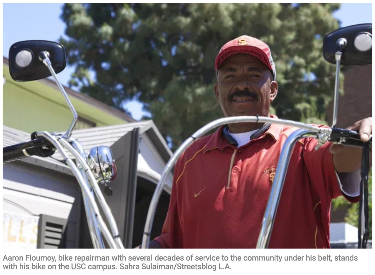 LAPD even harassed beloved bike repairer Aaron Flournoy of Lil Bill's bike shop while he was by himself and trying to catch up with the BKoB group. Maybe they were afraid he'd pump up some tires along the route.  https://la.streetsblog.org/2017/05/01/usc-poised-to-displace-black-owned-bike-repair-business-for-the-second-time/
