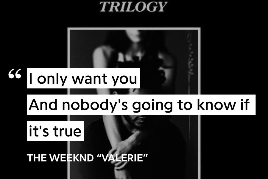 6. Valerie - The WeekndIntrospective Abel at his finest, this song is sometimes hard to listen to bc it hits so close to home. You can literally feel the pain in his voice, how he lies to Valerie bc he knows neither one wants to be alone.