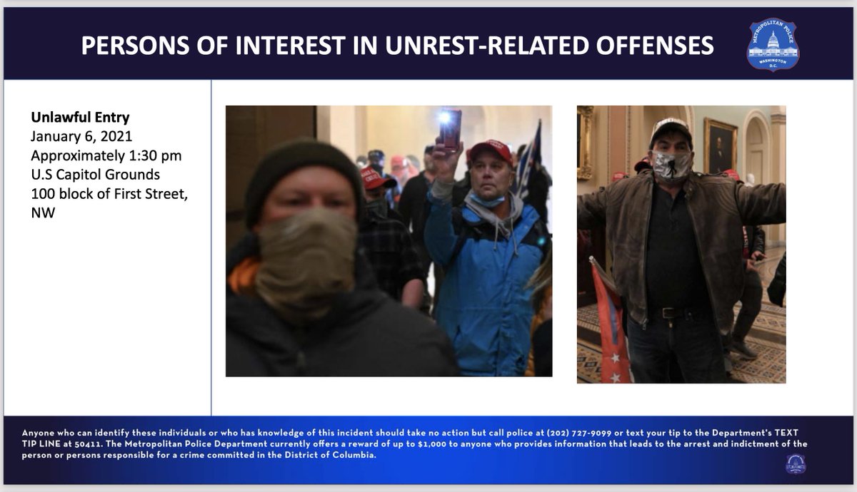  #PHOTO: PERSONS OF INTEREST 9 of 26 #Washington,  #DC Metro  #Police Department seeks  #info on  #POI in Unrest-Related Offenses on 6 January 2021 @ US  #Capitol GroundsLet  #Law &  #Justice prevail!If you have info to share, call  @DCPoliceDept 202-727-9099 or TEXT TIP LINE @ 50411